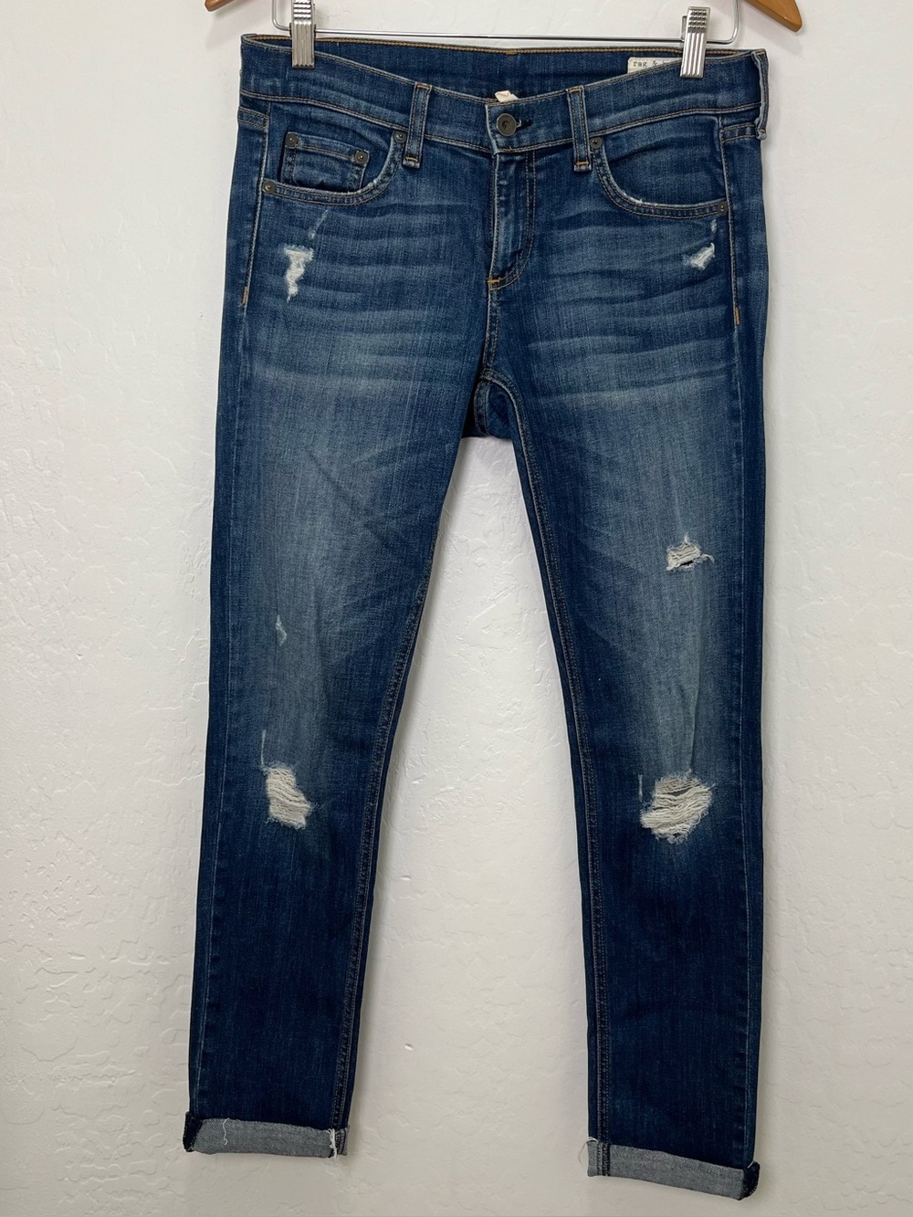 Rag & Bone Dre Low-Rise Slim Boyfriend Jeans in Canyon Wash Distressed Size 26